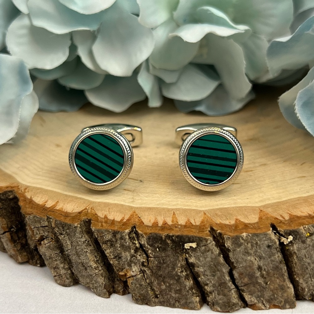 Stunning Green Malachite Round Silver Cufflinks - Picture 3 of 16
